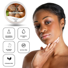 Aroma Depot open jar displaying smooth ivory shea butter texture for moisturizing use