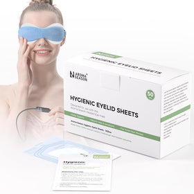Aroma Season front box showing 50 individually wrapped hygienic eyelid sheets, clean storage benefit