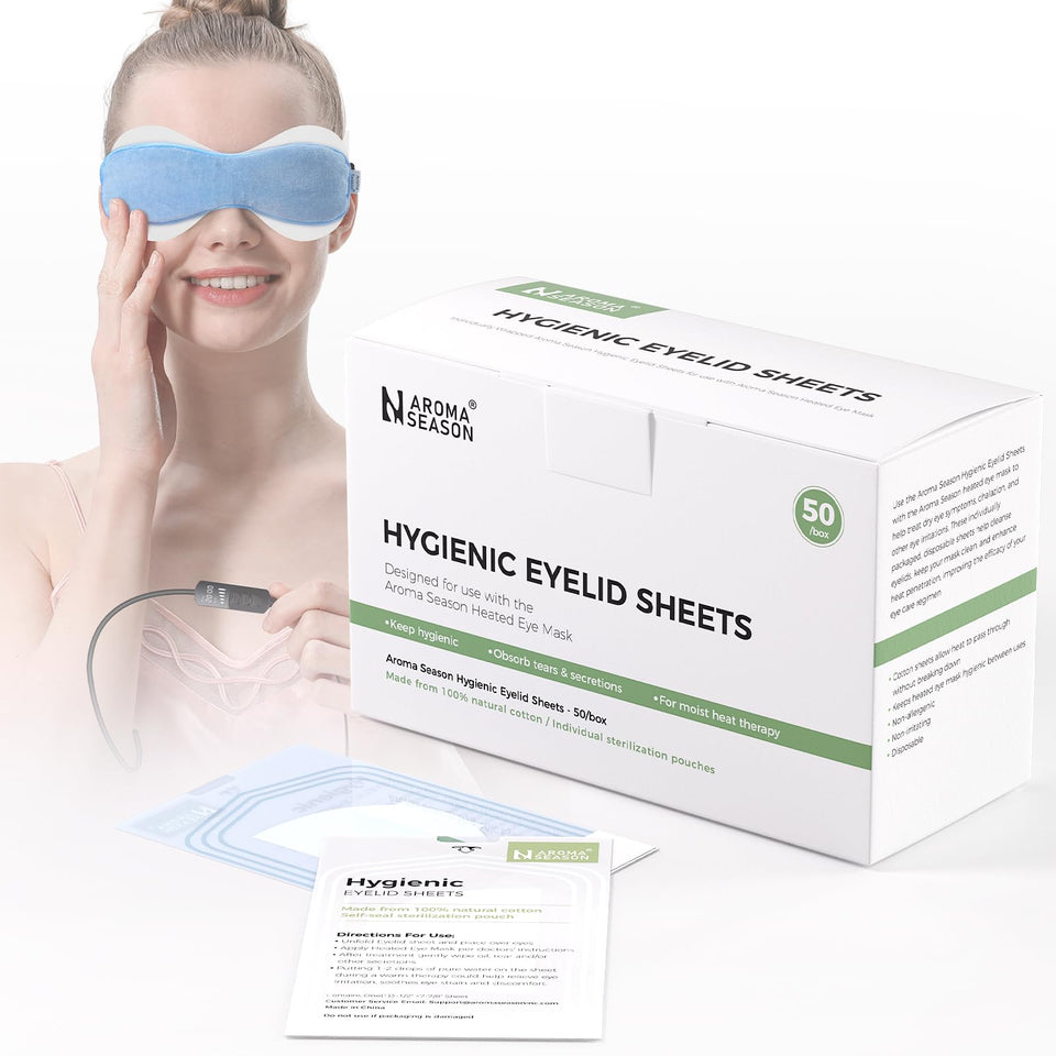Aroma Season front box showing 50 individually wrapped hygienic eyelid sheets, clean storage benefit