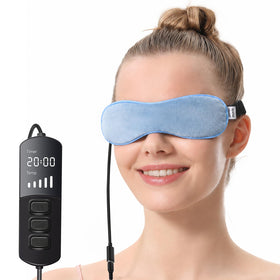 Aroma Season front view showing blue heated eye mask and packaging, highlights portability