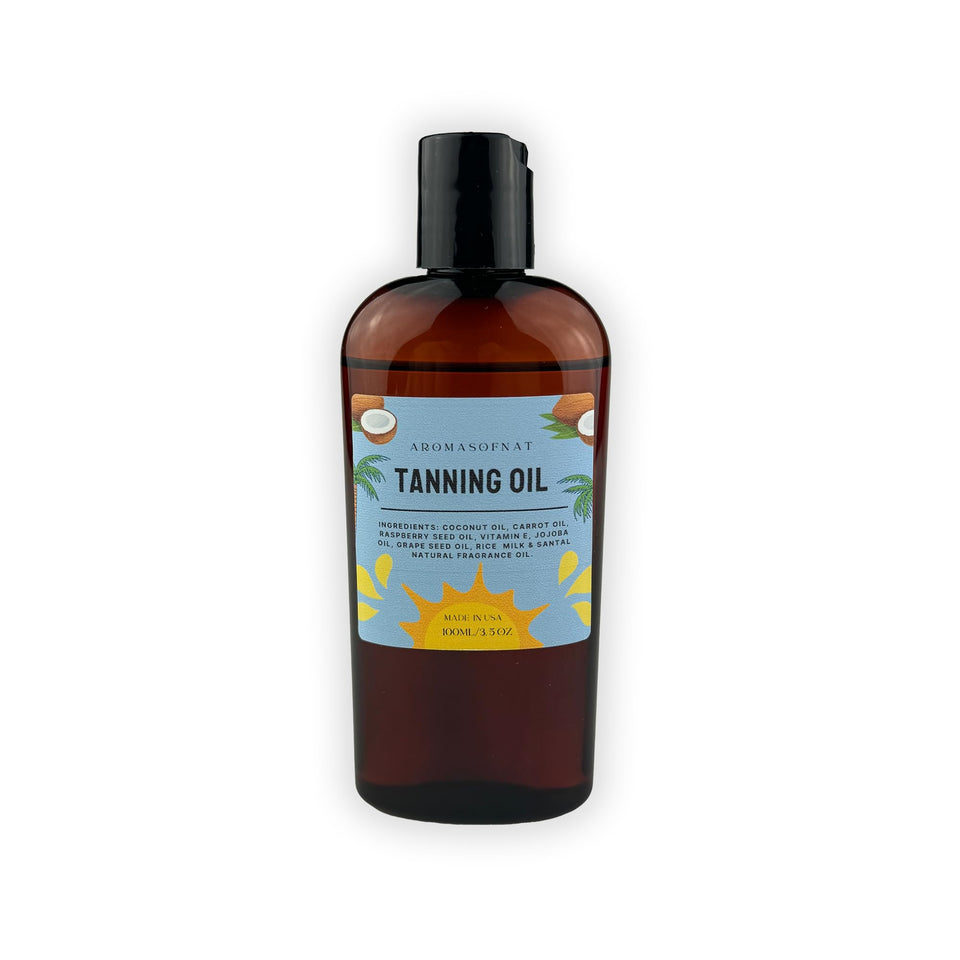 AROMASOFNAT bottle front view showing natural tanning oil benefits