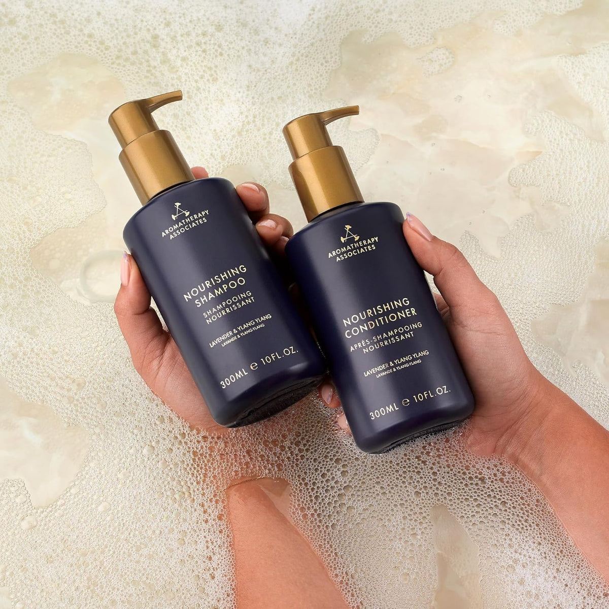 Aromatherapy Associates bottle on bathroom counter evoking calming self-care and hydration