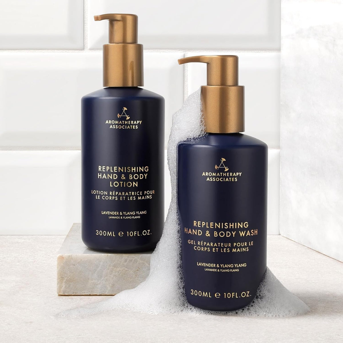 Aromatherapy Associates bottle next to a measuring tape showing 10 fl oz size