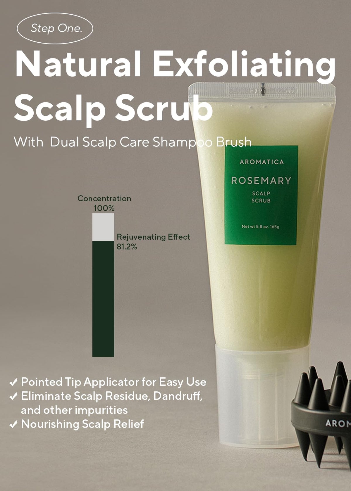 AROMATICA dual-brush scalp massager in hand demonstrating ergonomic grip and comfort