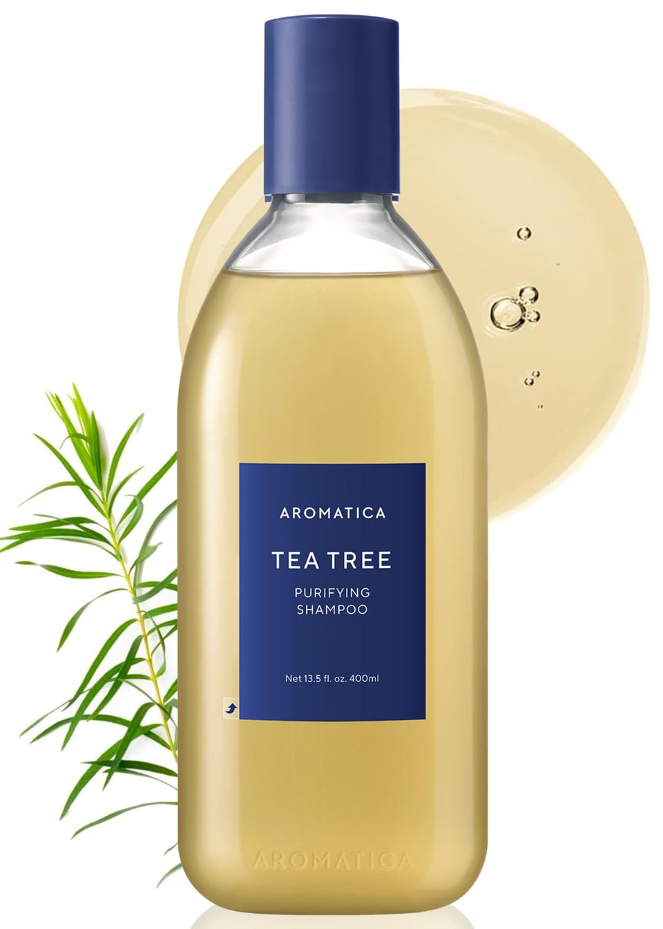 AROMATICA front packaging showing tea tree shampoo and clear product identity benefit clarifying scalp