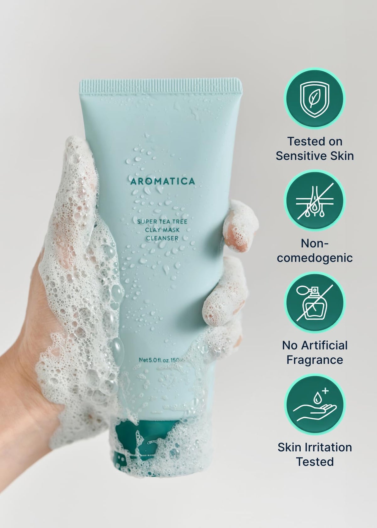 AROMATICA in bathroom routine showing daily cleanser use benefit
