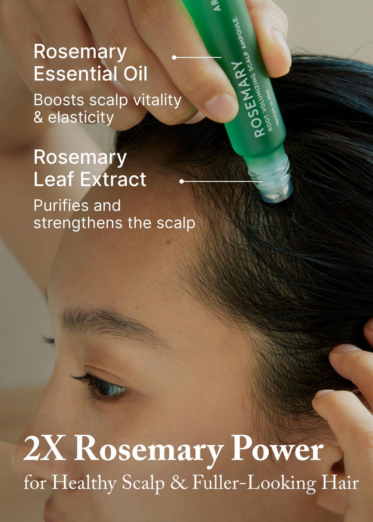 AROMATICA rosemary and caffeine ingredients arranged to highlight concentrated actives
