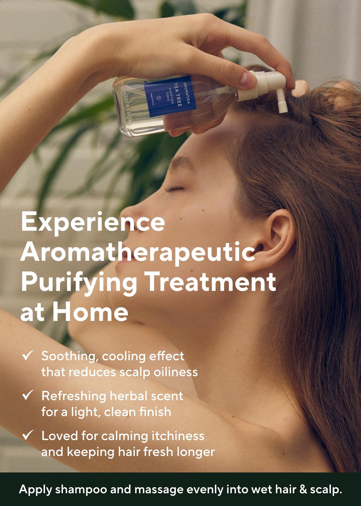 AROMATICA bottle next to tea tree and peppermint representing natural ingredients