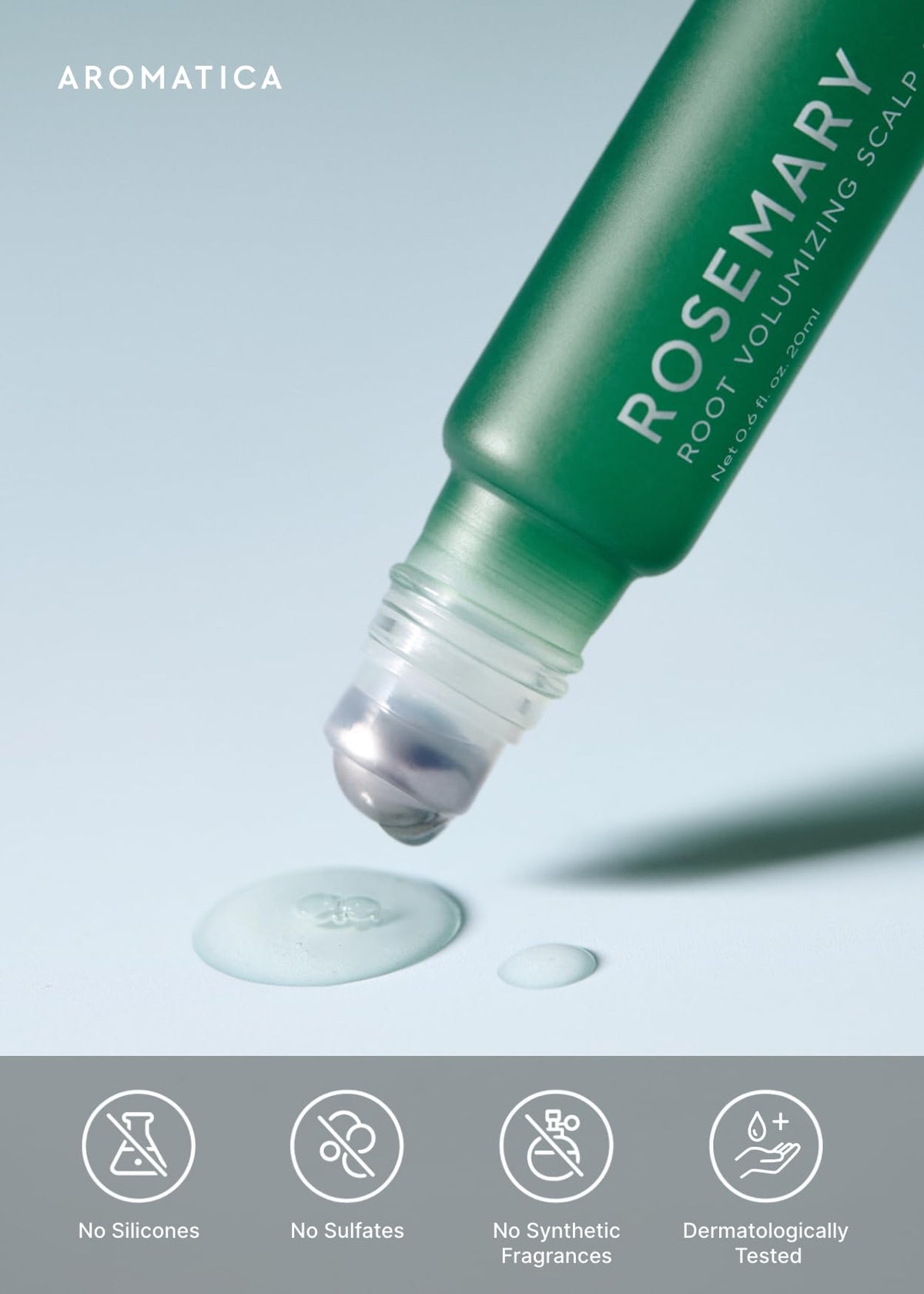 AROMATICA label closeup displaying ingredient claims and clean-formula benefits
