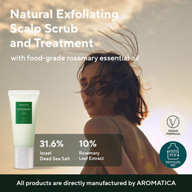 AROMATICA products staged in bathroom, natural routine and calming aromatherapy benefit