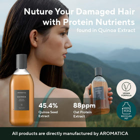 AROMATICA label and pump close-up showing ingredient callouts and easy dispensing benefit