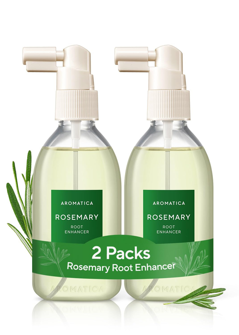 AROMATICA front packaging showing two root enhancer bottles and label for convenience