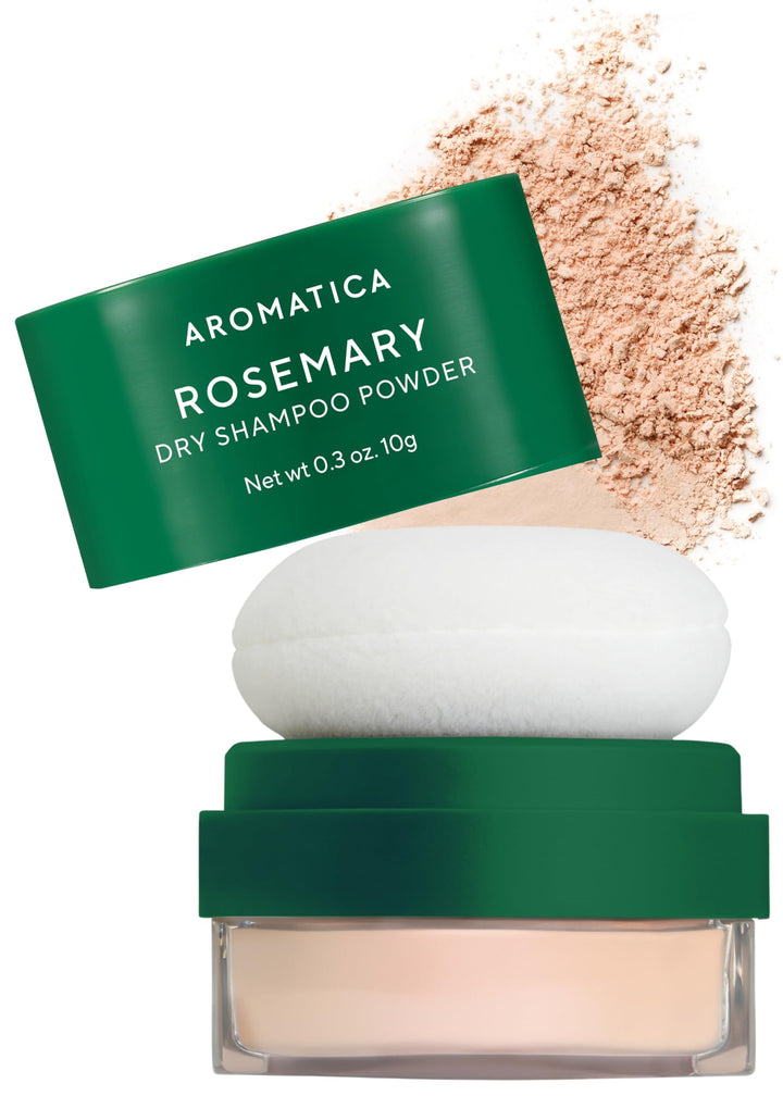 AROMATICA front packaging of travel dry shampoo shows compact design and portability