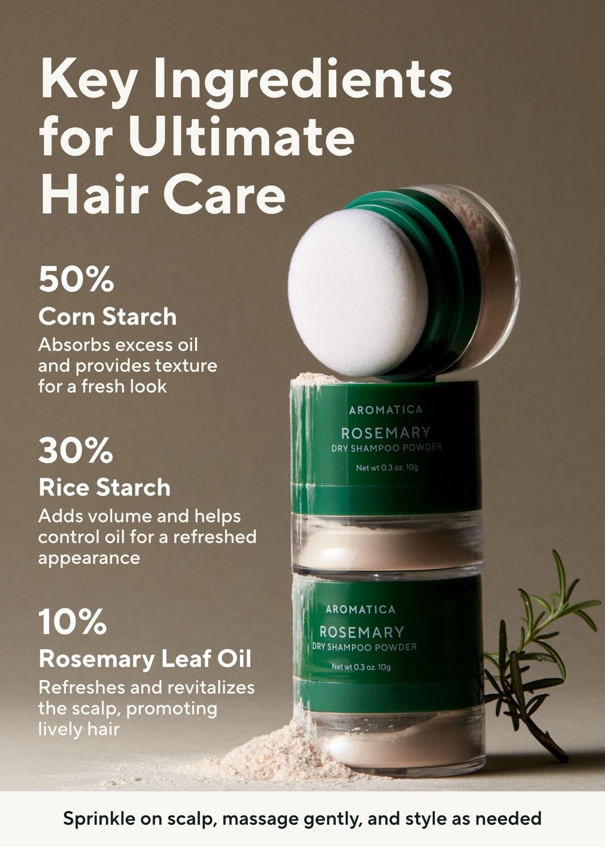 AROMATICA powder jar held in palm demonstrating travel-size convenience and portability