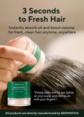 AROMATICA opened dry shampoo jar revealing powder interior for targeted oil absorption