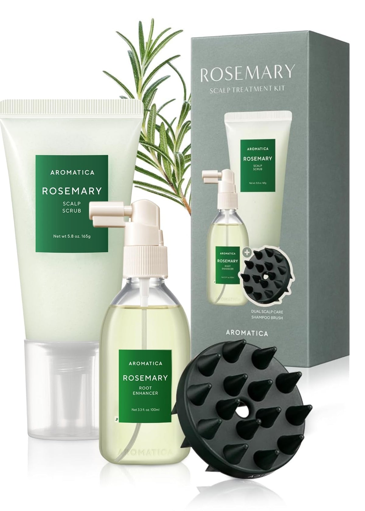 AROMATICA front packaging showing complete rosemary scalp care set and calming design