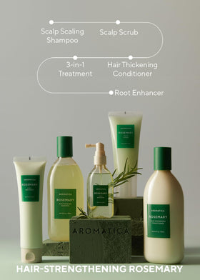 AROMATICA bottles on a shower shelf demonstrating daily-use convenience benefit