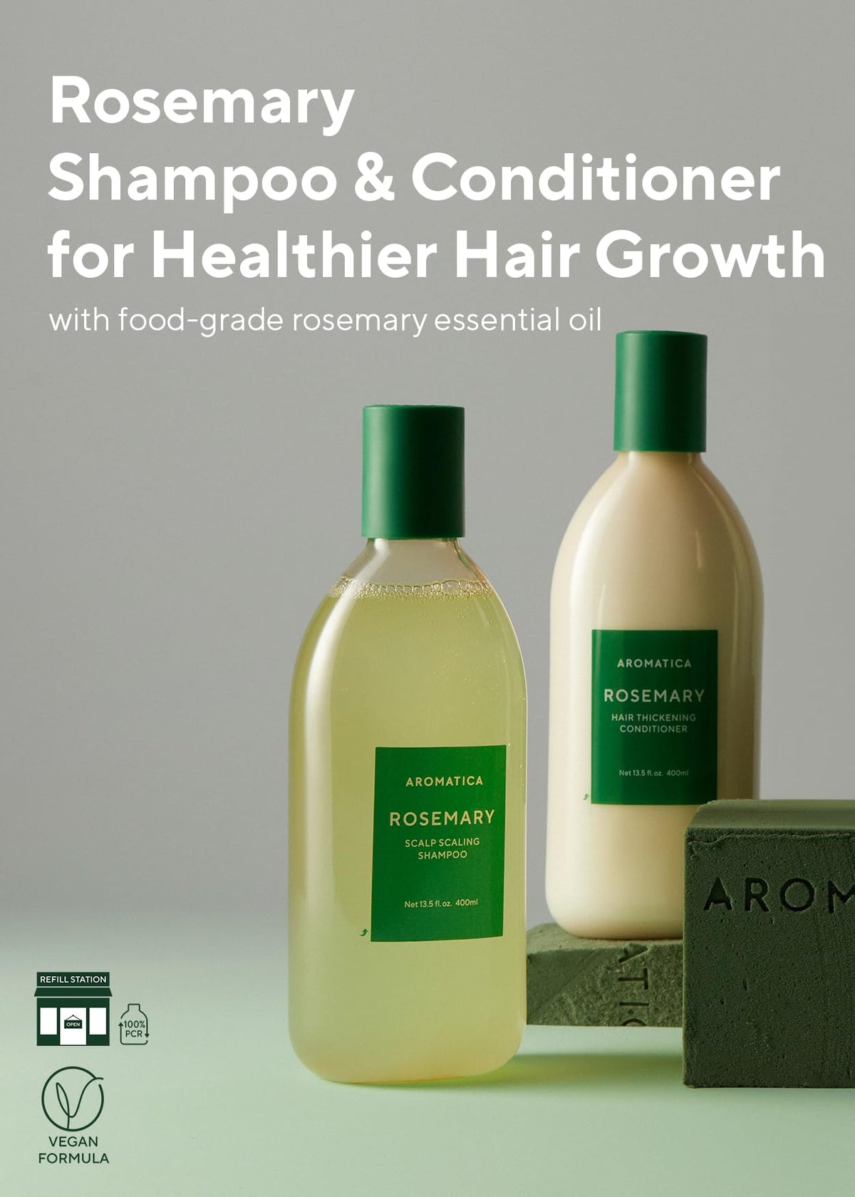 AROMATICA pump dispensing shampoo illustrating easy, mess-free application benefit