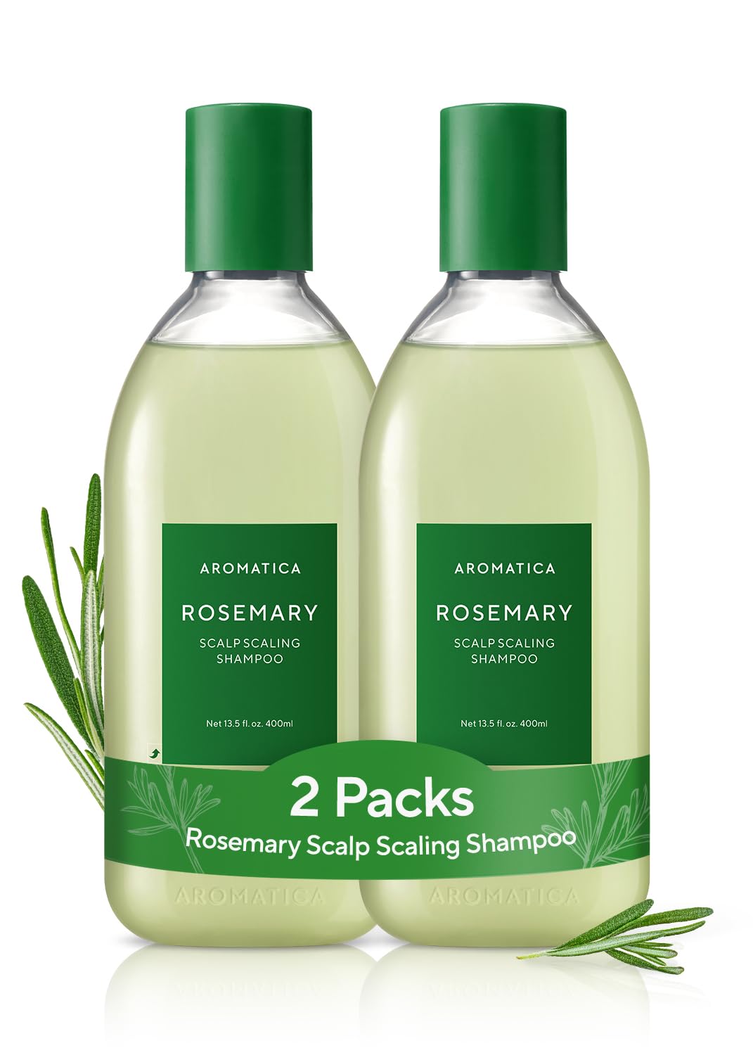 AROMATICA front packaging showing two rosemary shampoo bottles for scalp clarity