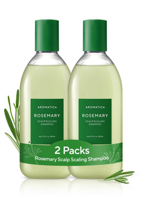 AROMATICA front packaging showing two rosemary shampoo bottles for scalp clarity