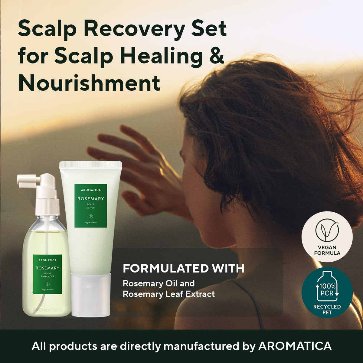 AROMATICA rosemary water spray nozzle close-up, precise misting for scalp hydration