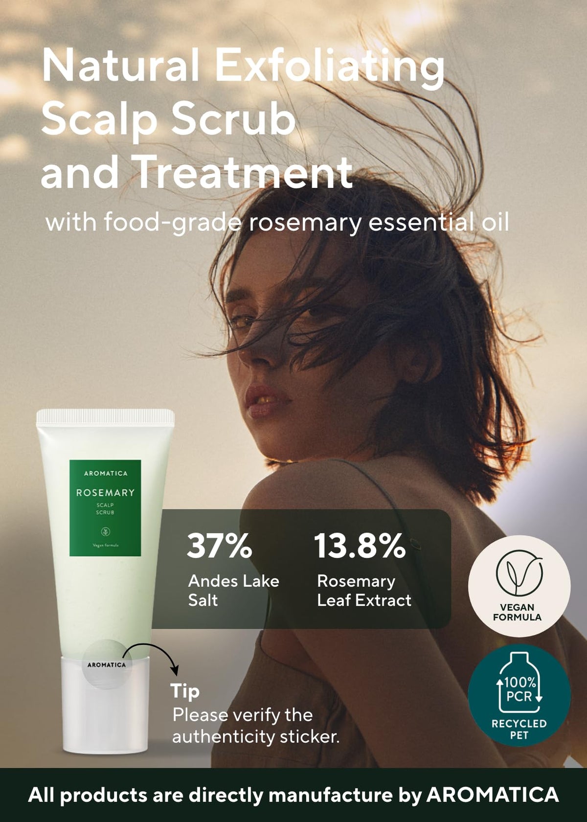 AROMATICA product in hand demonstrating gentle massage and refresh benefit