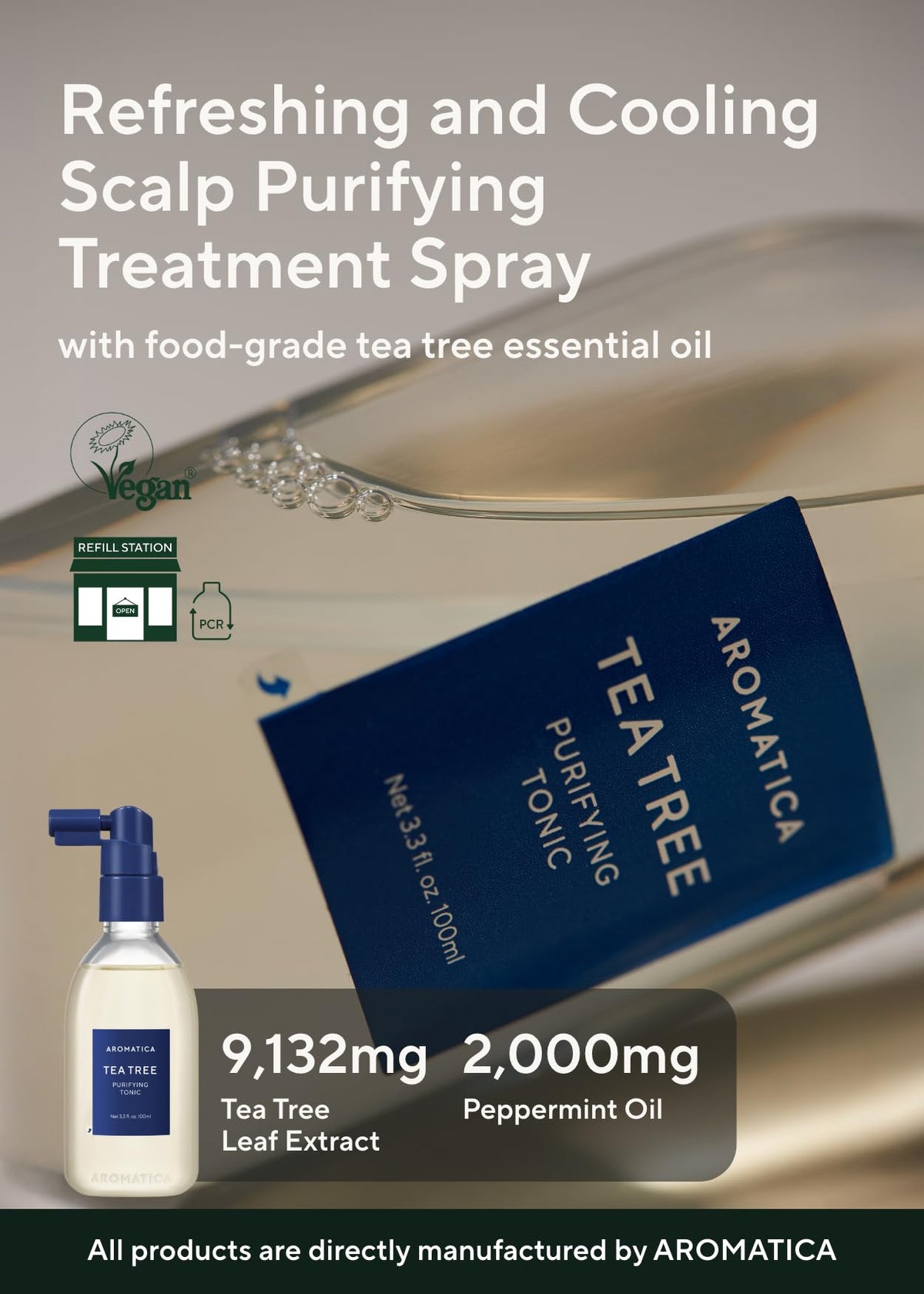 AROMATICA spray nozzle closeup for precise scalp application benefit