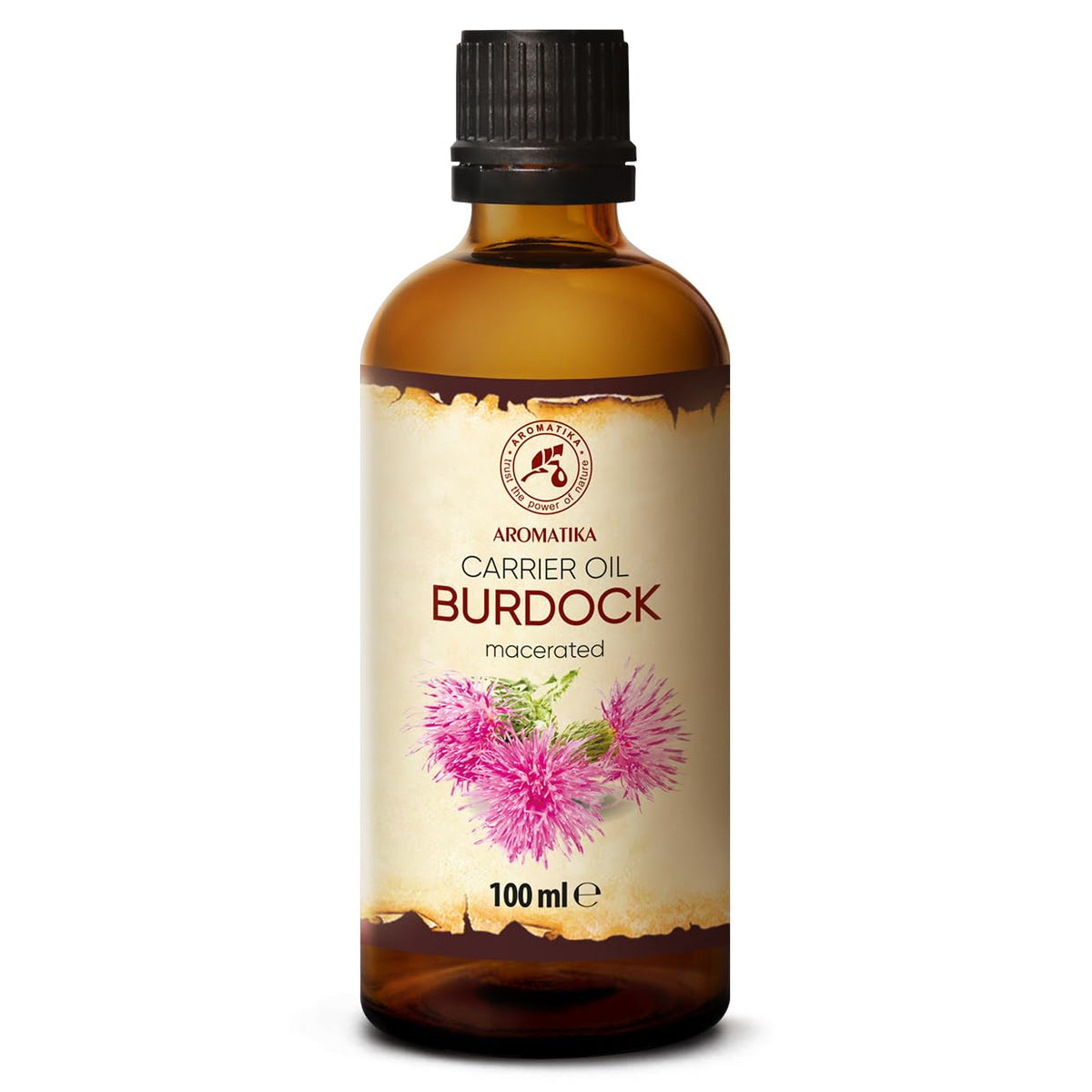 AROMATIKA front bottle view showing pure burdock oil for hair care benefits