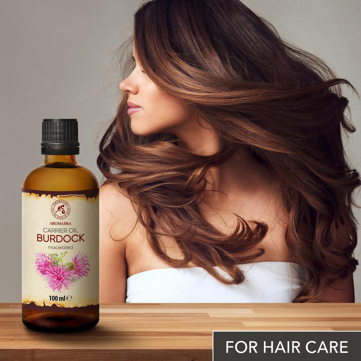 AROMATIKA oil on bathroom shelf in lifestyle shot for daily routine use