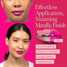 Aromi on model wearing night look showcasing bold hot pink metallic lip benefit: statement-ready color
