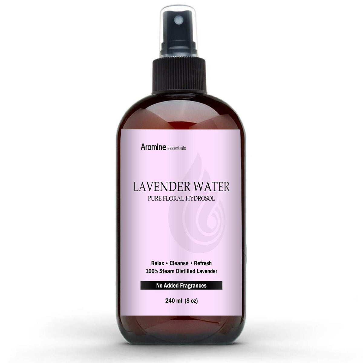 Aromine lavender hydrosol front bottle showing label and fine mist sprayer for easy use