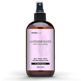Aromine lavender hydrosol front bottle showing label and fine mist sprayer for easy use