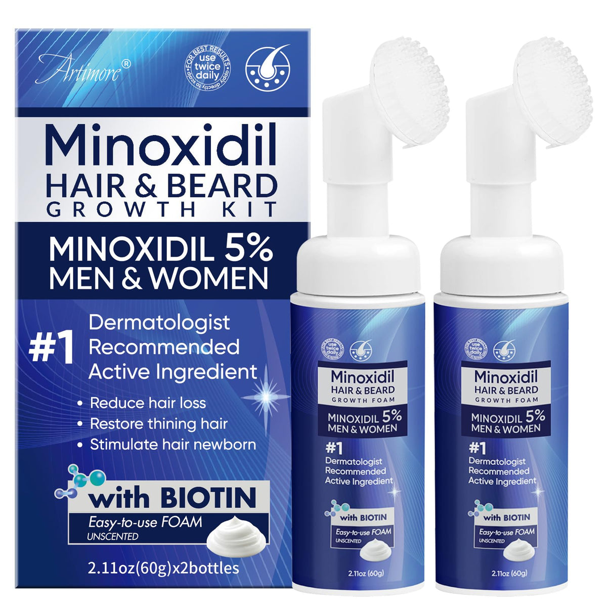 Artimore front packaging showing 5% minoxidil foam and clear usage benefit
