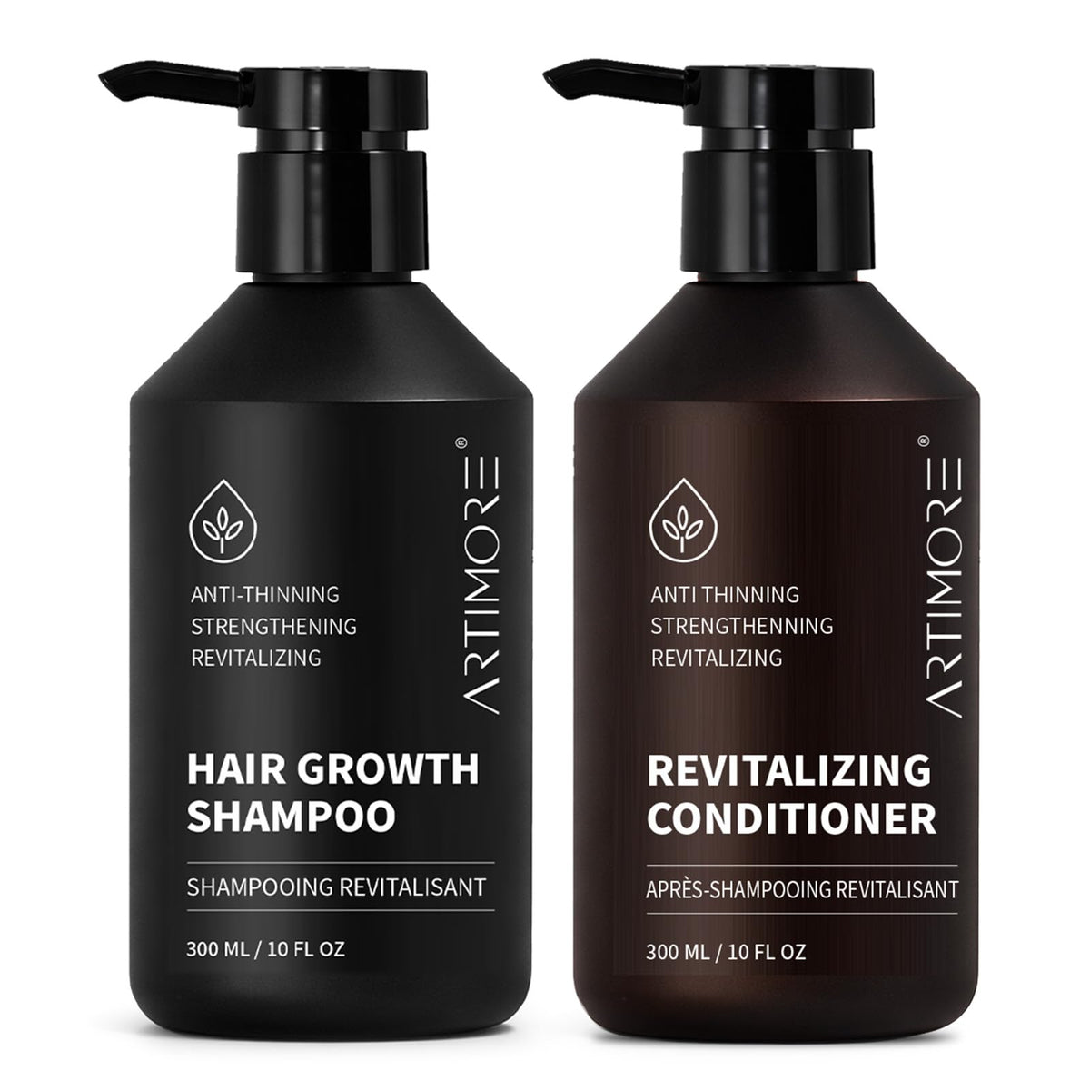 Artimore front packaging set showing shampoo and conditioner, promotes fuller hair