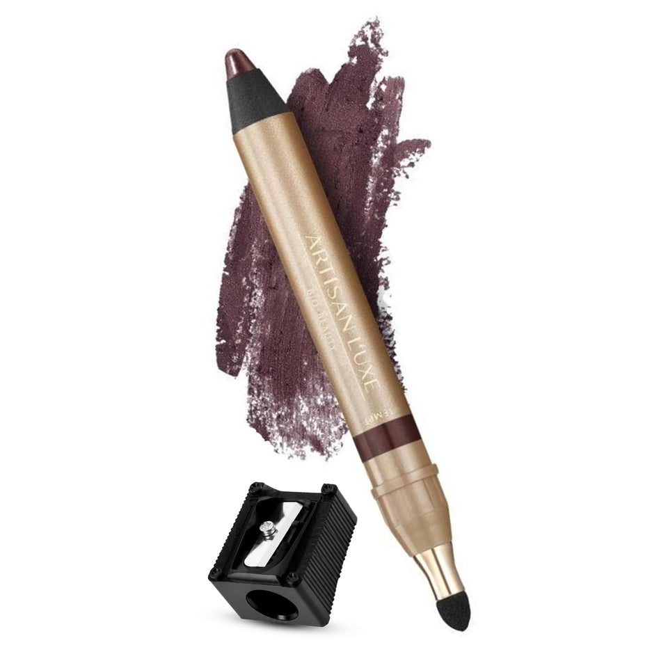 Artisan L'uxe front packaging shows deep plum pencil and free sharpener for easy storage
