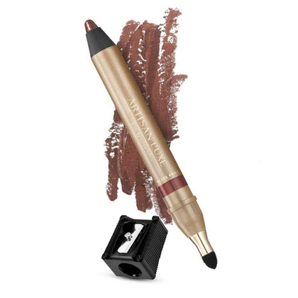 Artisan L'uxe front packaging showing shimmering bronze pencil and free sharpener for easy storage