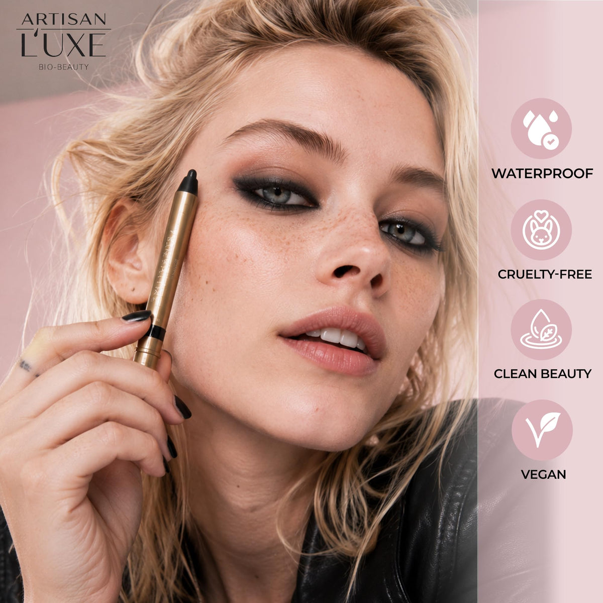 Artisan L'uxe lid swatches displaying blendable black payoff and layering
