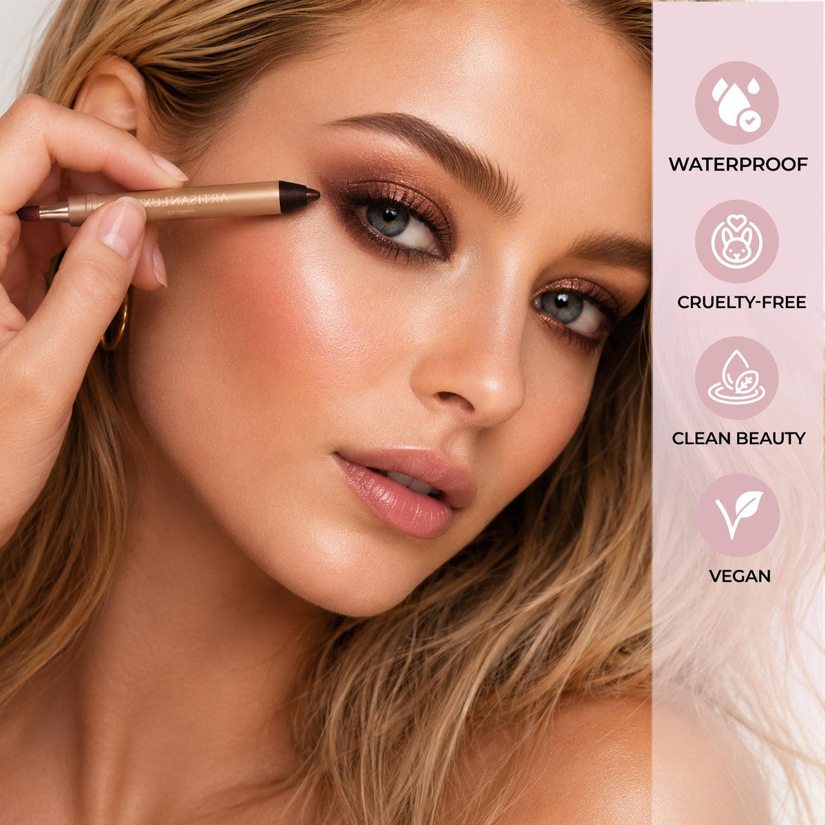 Artisan L'uxe lifestyle image of evening makeup showing luminous smokey-eye effect