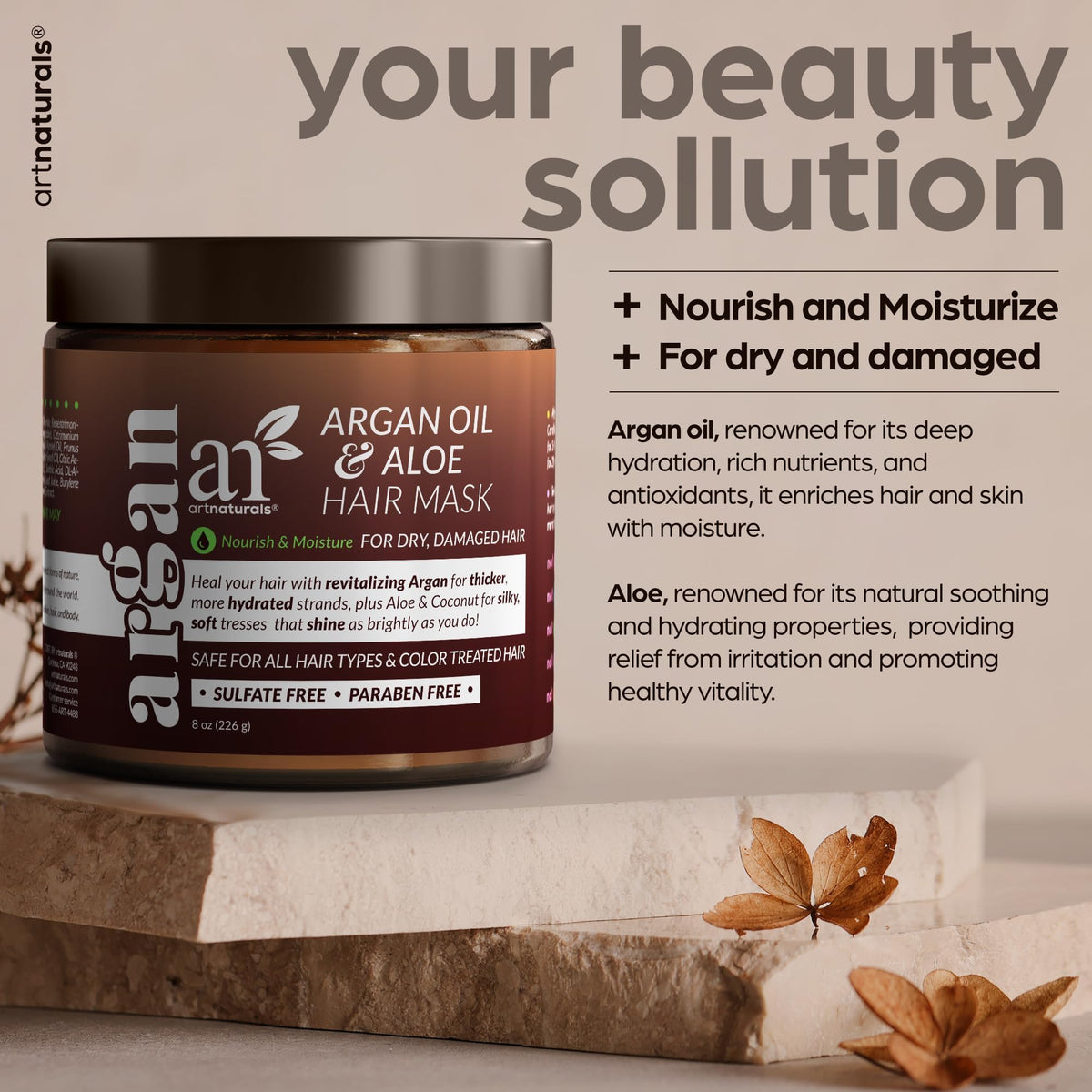 Artnaturals ingredient close-up of argan, jojoba and aloe for nourishment
