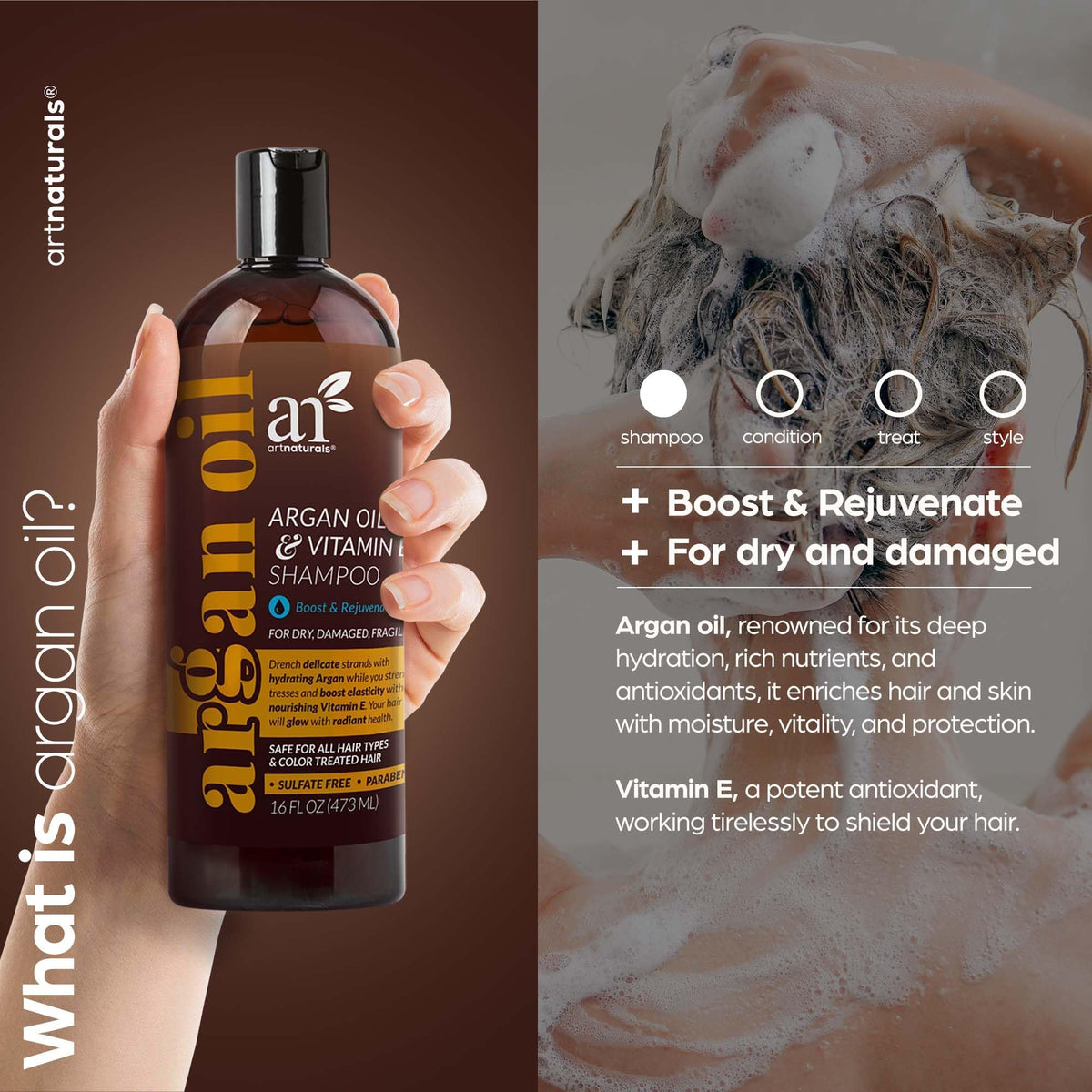 Artnaturals shampoo pump close-up highlighting dispensing ease and convenient daily use