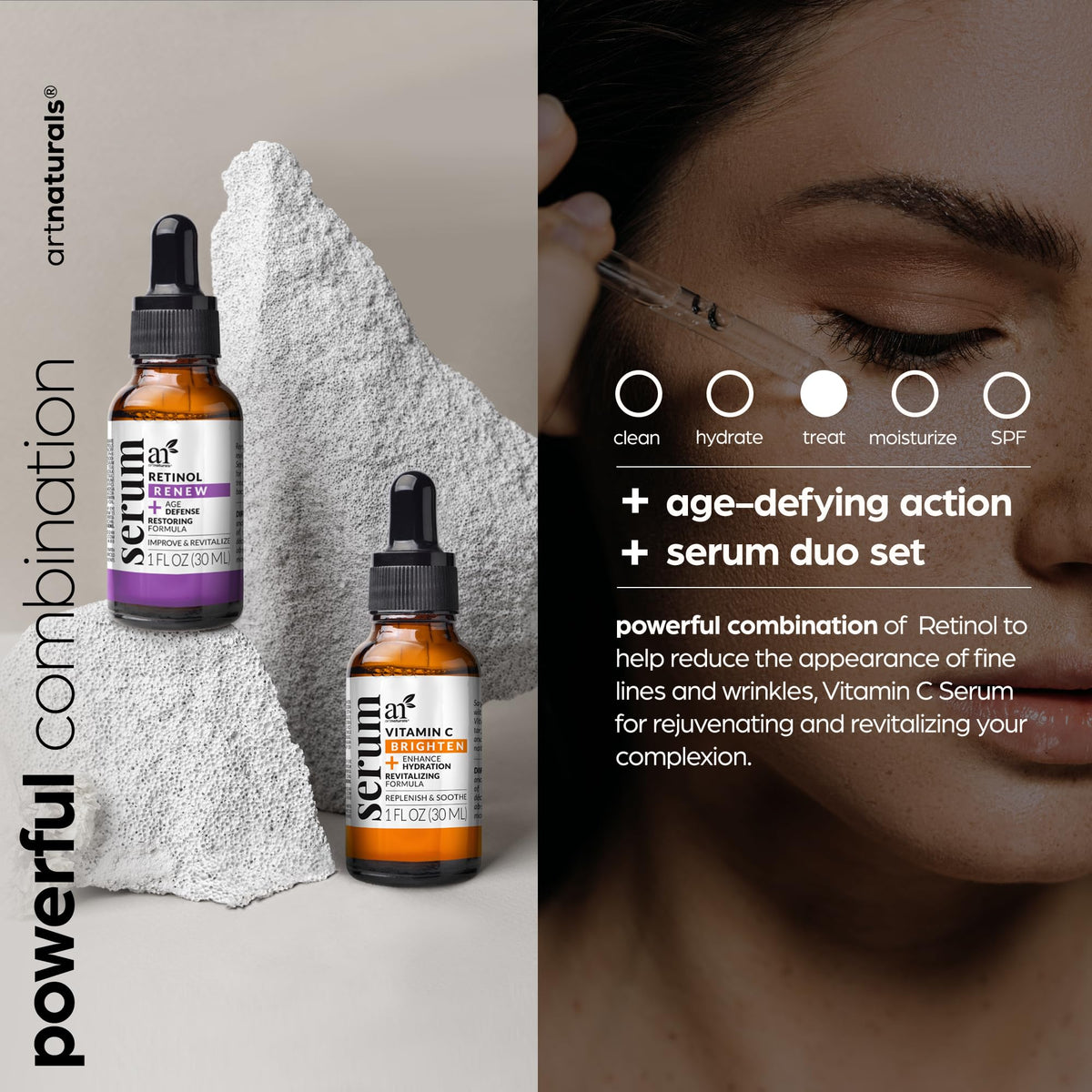 Artnaturals bottle close-up with dropper dispensing serum for texture
