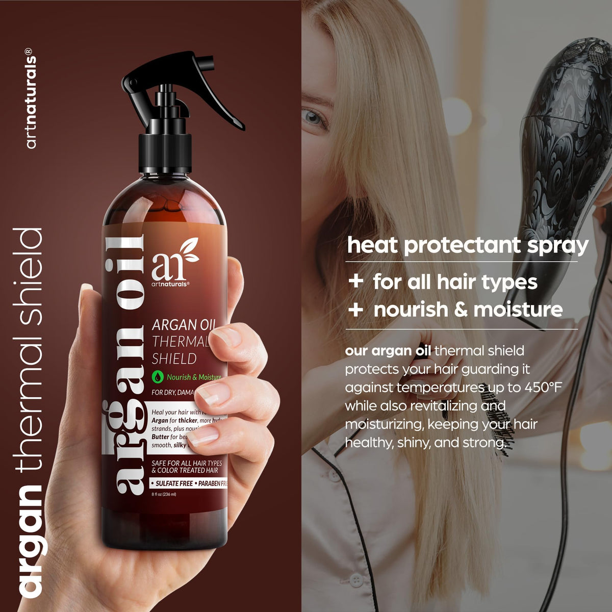 Artnaturals spray pump detail highlighting fine mist delivery for even protection