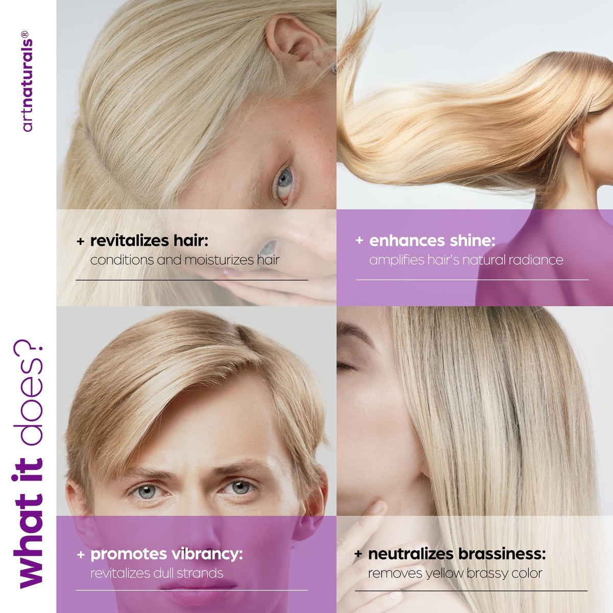 Artnaturals applied on wet hair illustrating easy toning and detangling benefit
