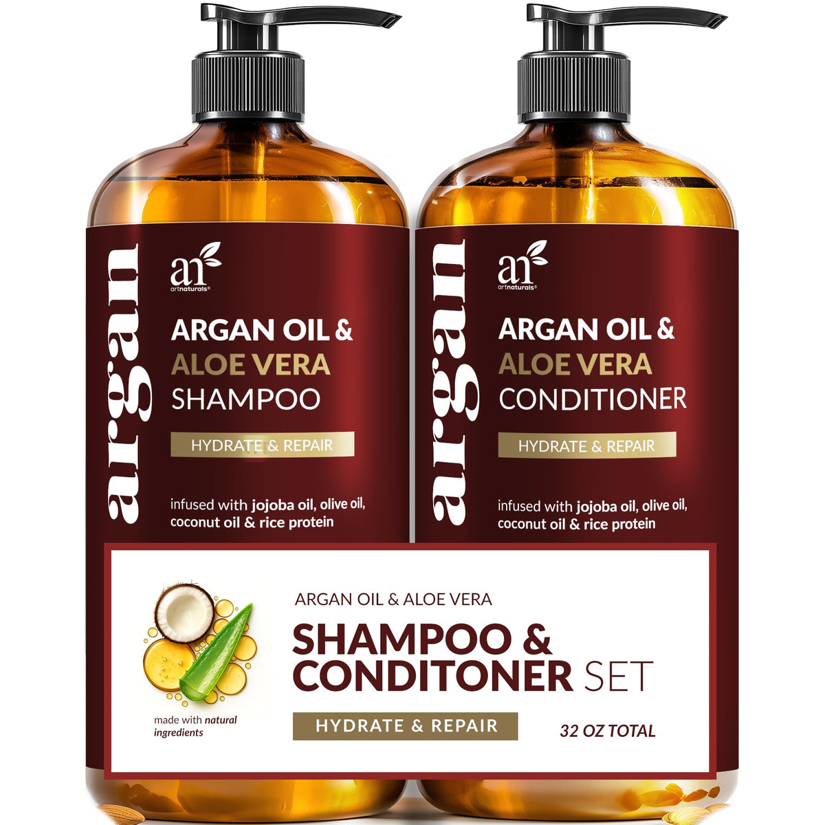 Artnaturals shampoo and conditioner front packaging showing both bottles and sizes