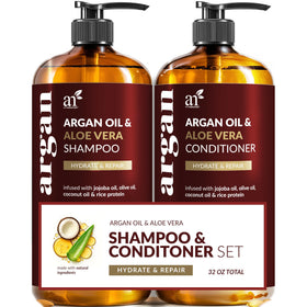 Artnaturals shampoo and conditioner front packaging showing both bottles and sizes