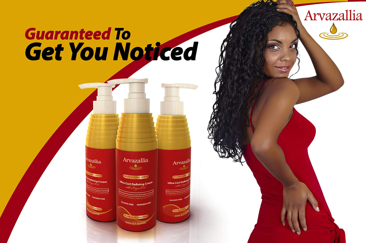 Arvazallia before and after on curly hair illustrating improved definition and shine