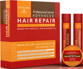Arvazallia front packaging of three‑piece repair set showing bottles and benefits