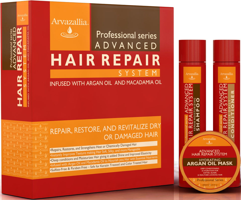 Arvazallia front packaging of three‑piece repair set showing bottles and benefits