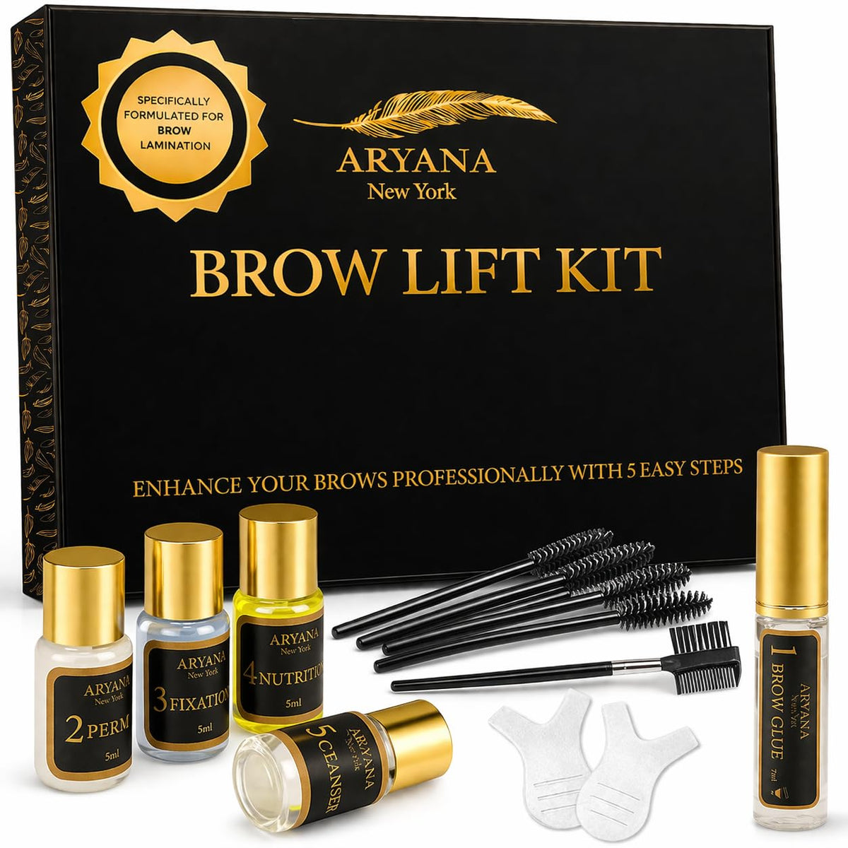 ARYANA NEW YORK front packaging showing the complete brow lamination kit and professional look