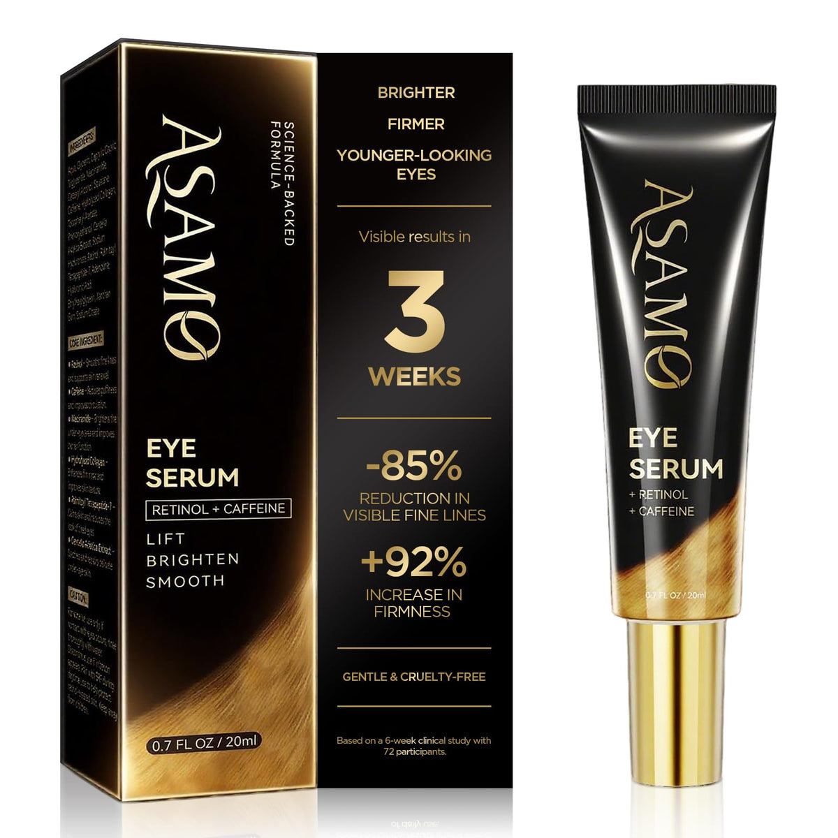 ASAMO eye serum front tube showing clean packaging and benefit